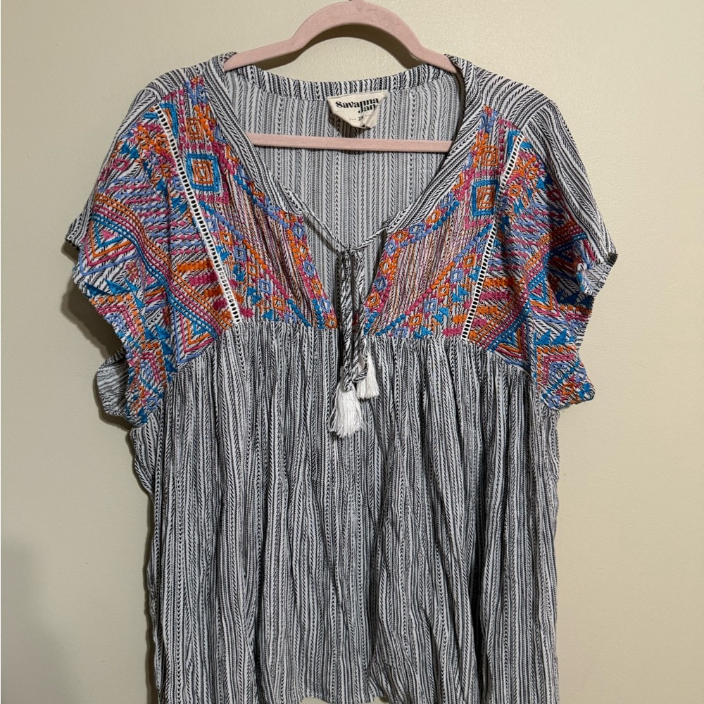Savanna Jane Striped Top with Multicolor Embroidery
